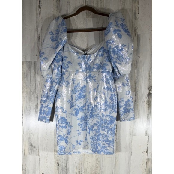 ASOS Mini Dress Size 0 Blue White Floral Metallic Puff Sleeve Lace Up Front NWT - Picture 3 of 9